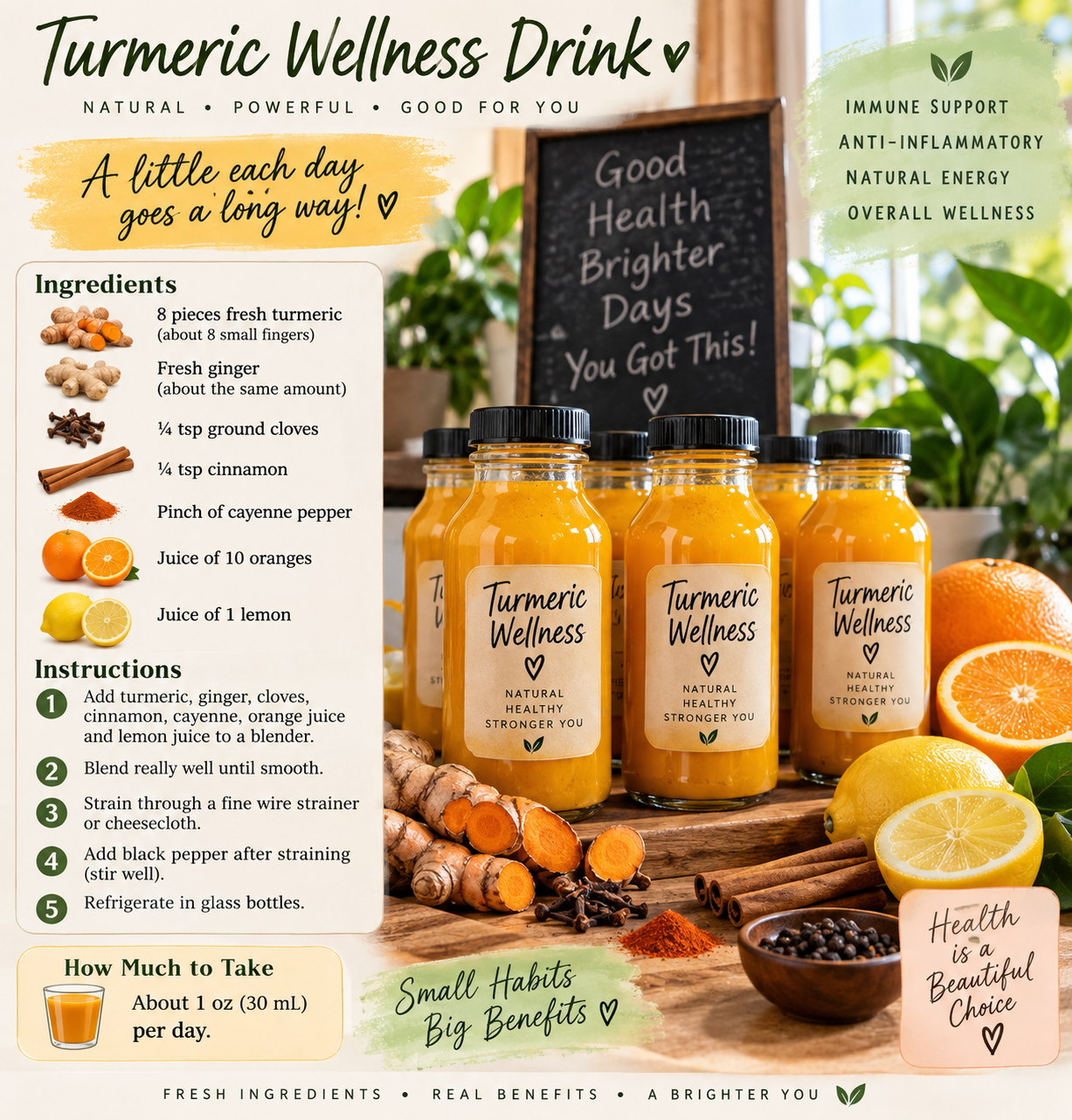 Samantha's homemade turmeric wellness drink recipe with fresh turmeric, ginger, oranges, lemon and spices
